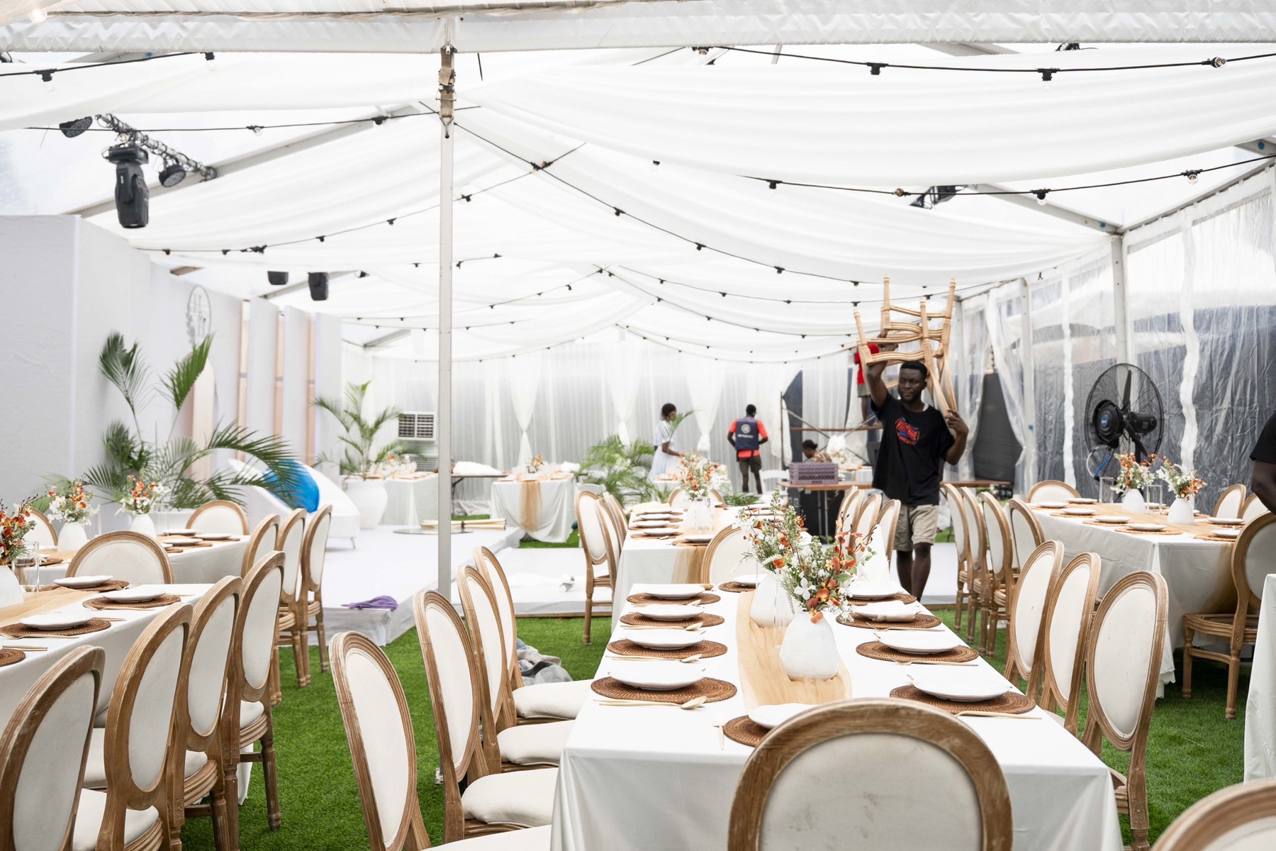 The marquee during build, tables going in