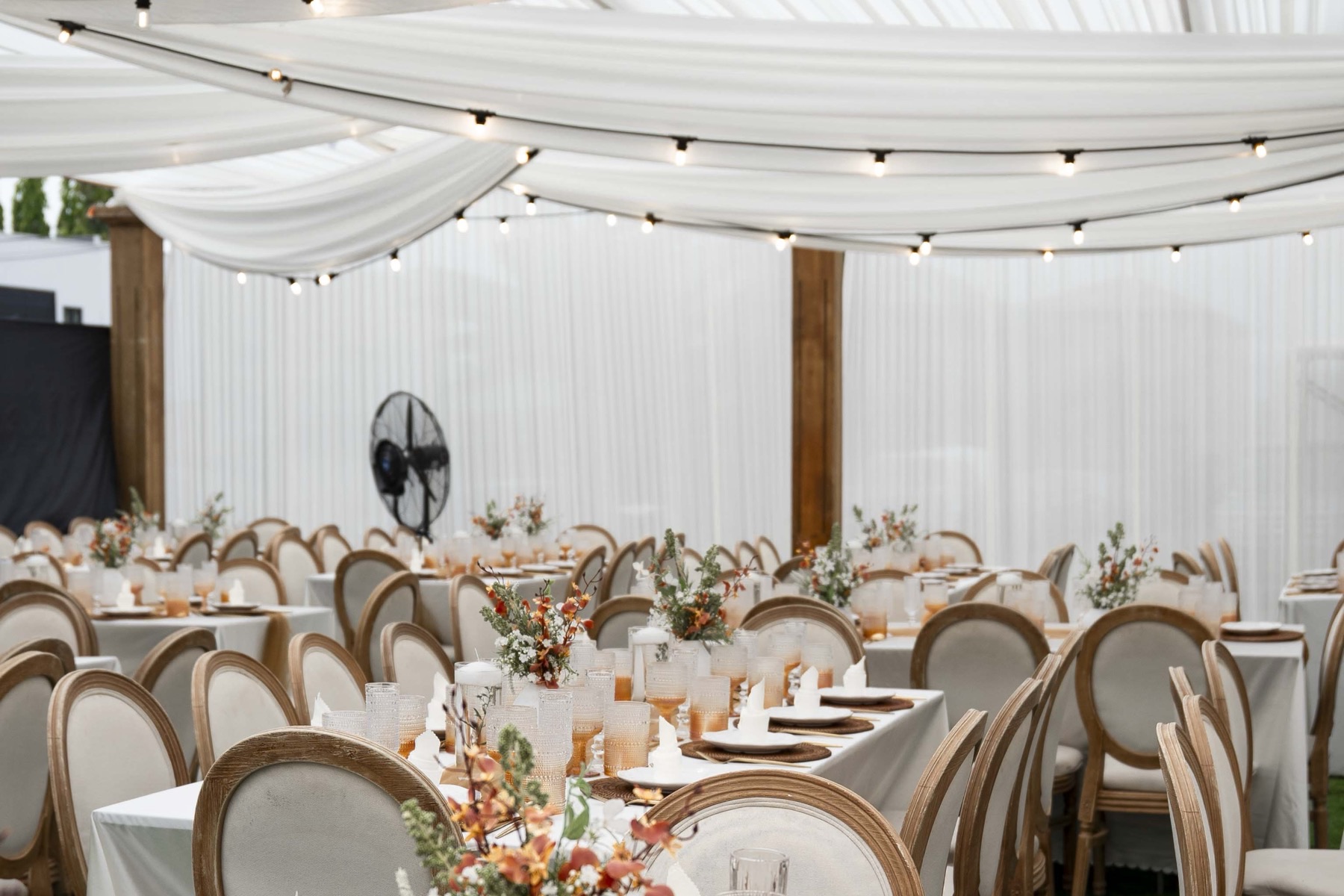 Draped ceiling and festoon lighting over the tables